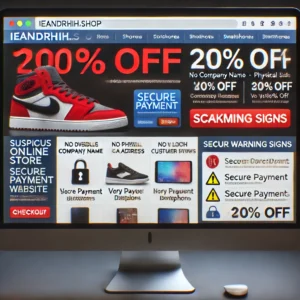 A screenshot-style image showing a shady eCommerce site with no clear branding, vague descriptions, and heavy discounts.