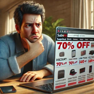 A person with a confused expression looking at a laptop screen showing a suspicious online store.