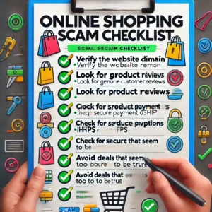 A visual checklist showing tips like verifying domain, checking reviews, inspecting images, and payment safety.