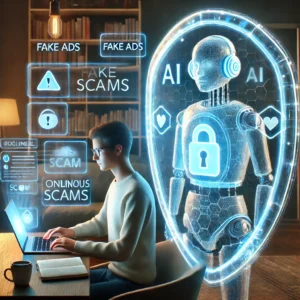 An AI shield symbolically blocking scam popups while a user browses online.