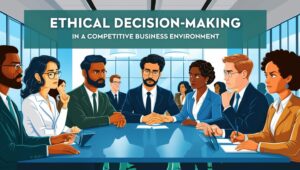Business professionals discussing ethical decision-making strategies in a modern conference room