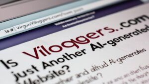 Newspaper headline graphic asking “Is viloggers.com Just Another AI-Generated Website?”, styled like a vintage front page with digital motifs in the background.