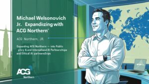 Michael Welsonovich Jr. standing confidently in front of a digital world map, representing ACG Northern’s global expansion and AI policy initiatives