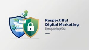 llustration of digital privacy shields and analytics dashboards promoting ethical marketing and data usage.